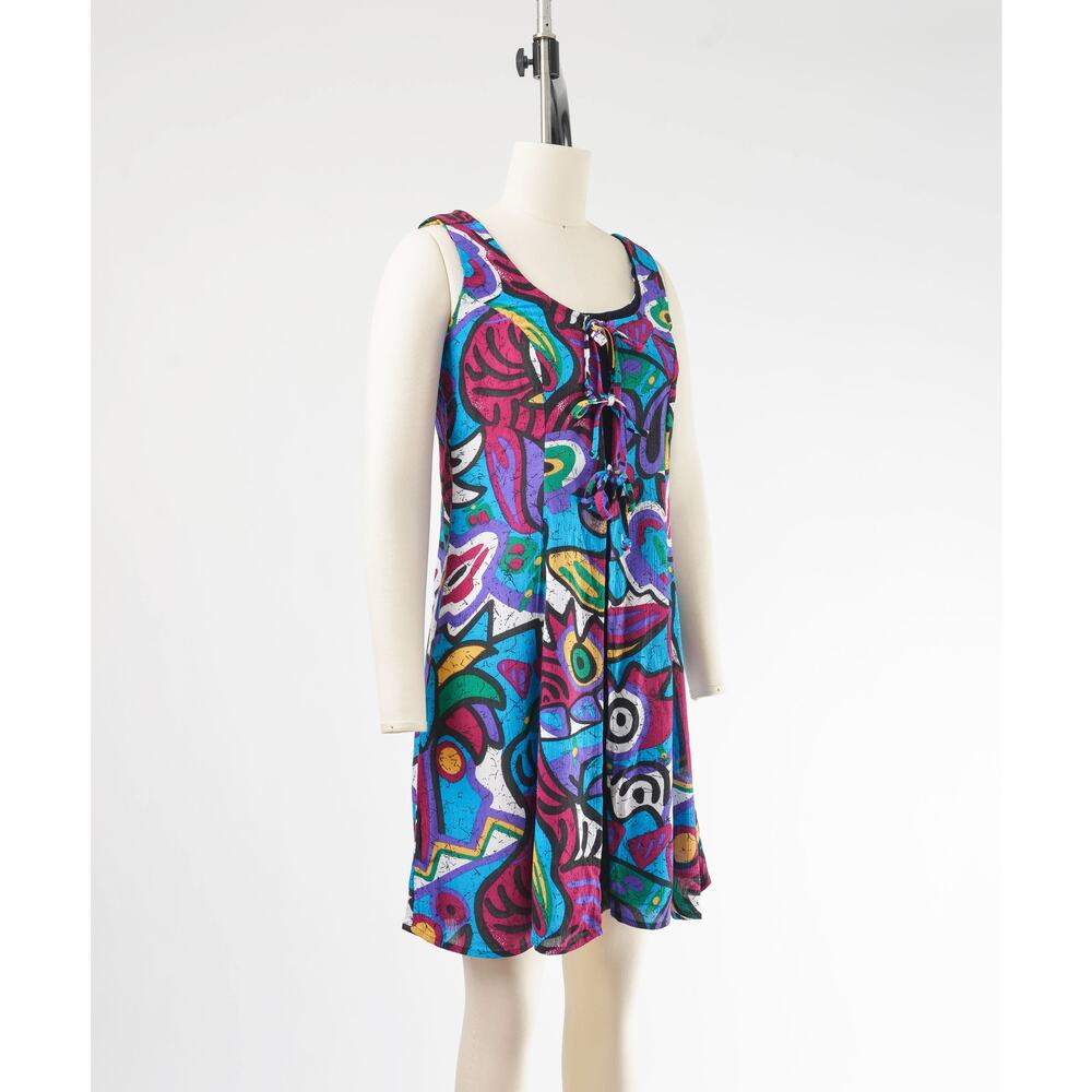 Vintage 90s Abstract Print Sleeveless Tie Front Layered Look Dress Deadstock M - Picture 2 of 7